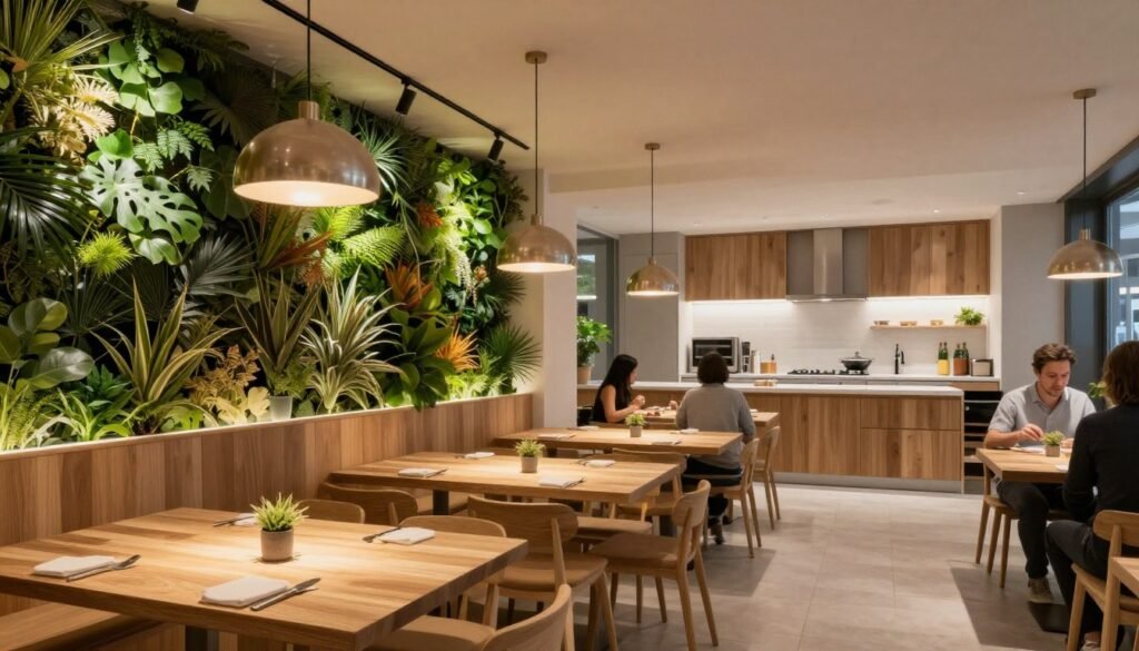 modern sustainable restaurant interior with natural wood and living plants