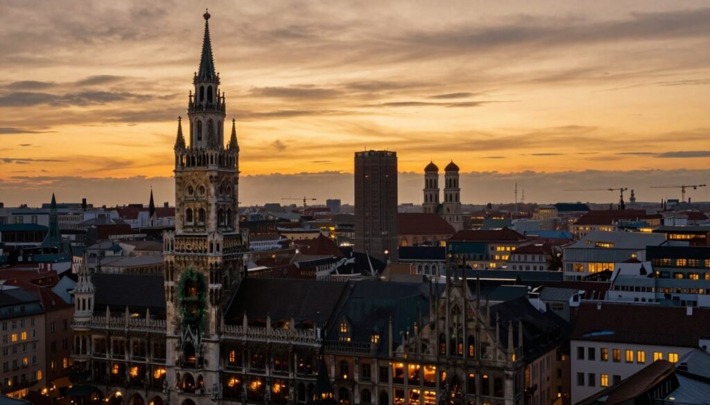 munich cityscape at sunset with restaurant lights glowing
