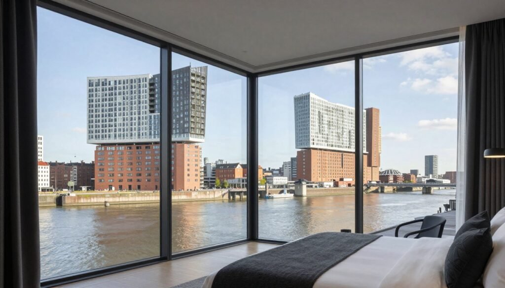 nhow Rotterdam exterior and room with river view, a design hotel in Rotterdam Netherlands