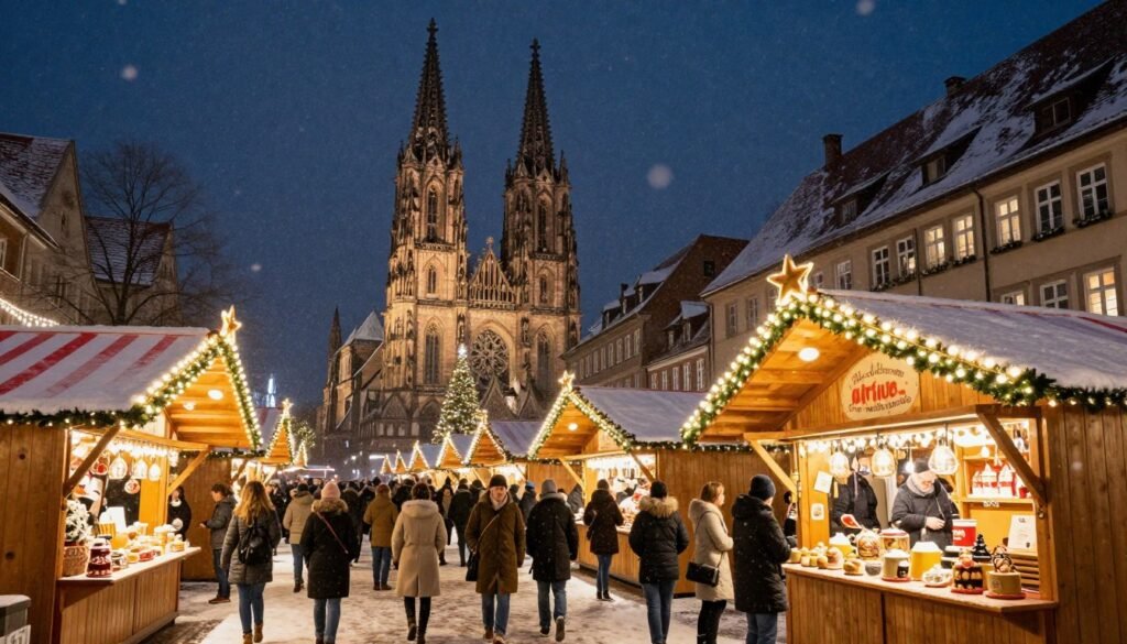 nuremberg christmas market at night with illuminated stalls and decorations