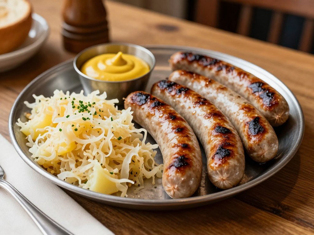 plate of nuremberger rostbratwurst sausages with sauerkraut