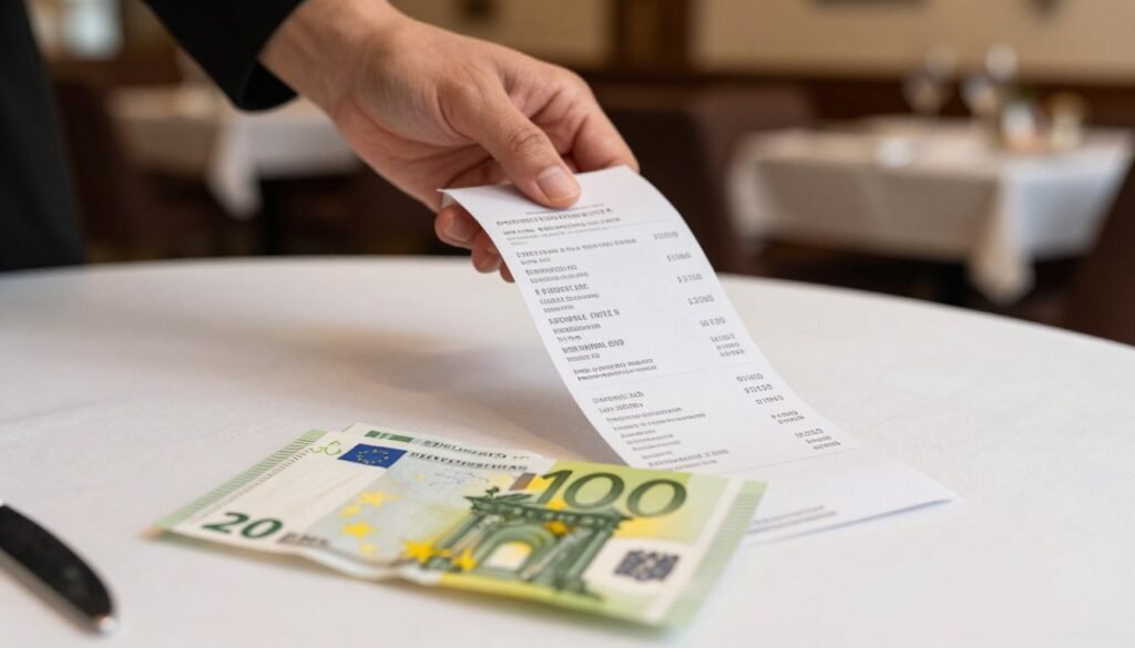 restaurant bill with euro notes on table