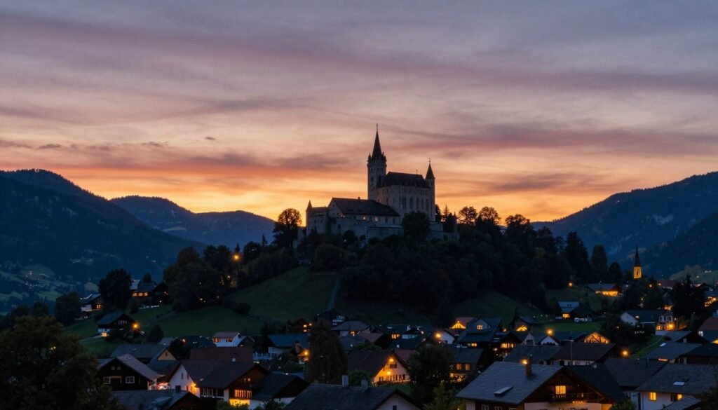 The Best Things to Do in Balzers 22 sunset over Balzers village with Gutenberg Castle silhouette