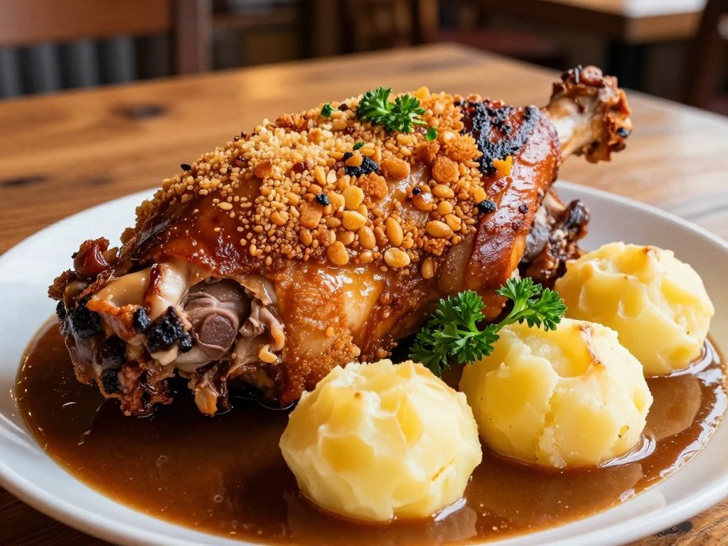 traditional bavarian schweinsbraten roast pork with potato dumplings and gravy