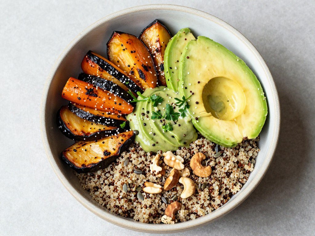 vegan bowl with fresh vegetables and grains