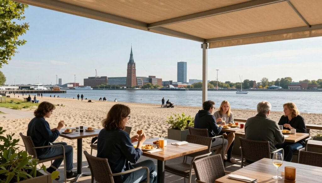 waterfront breakfast cafe with Elbe River view and outdoor seating