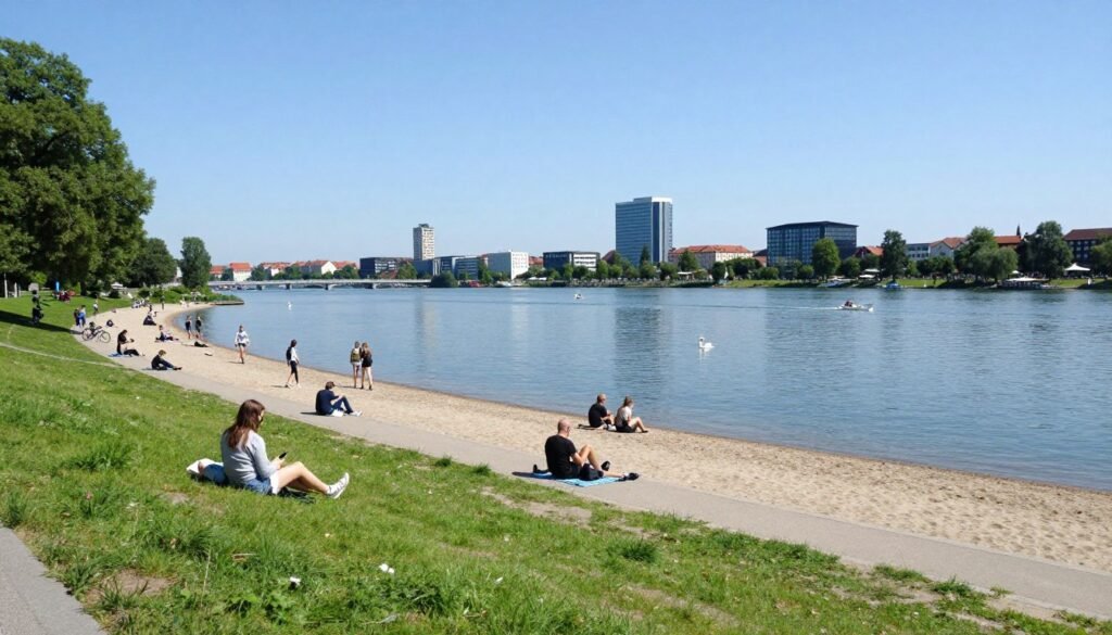 wohrder see lake in nuremberg with people relaxing on the shore